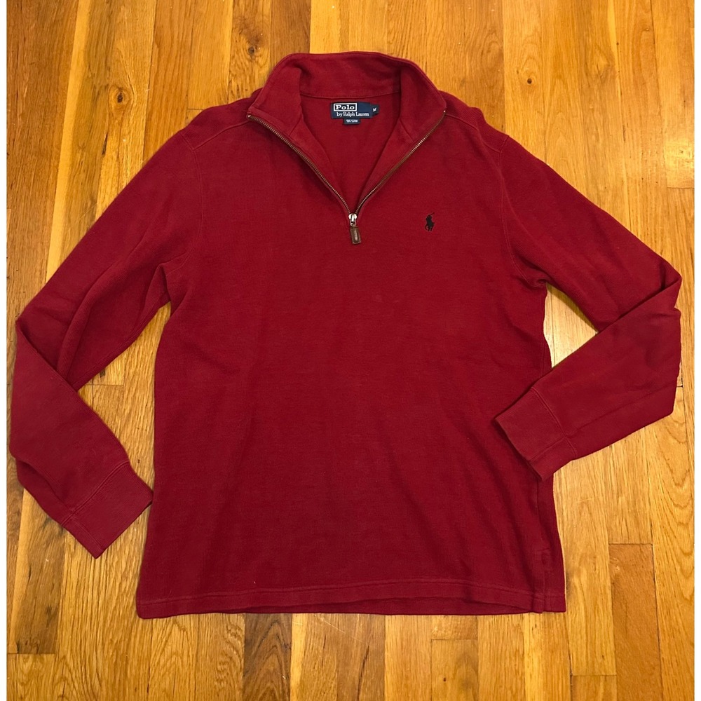 Polo Ralph Lauren Mens Medium Red 1/4 Zip Pullover Cotton Ribbed Pony Sweater